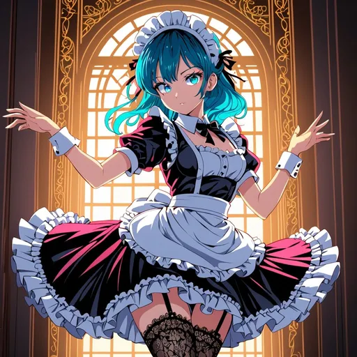 Prompt: maid in anime style, ultra-detailed, intricate linework, vibrant color palette, alluring expressions, frilly and lacy outfit, thigh-high stockings, maid headdress, elegant and stylish, dynamic pose, anime, vibrant colors, detailed eyes, professional, atmospheric lighting