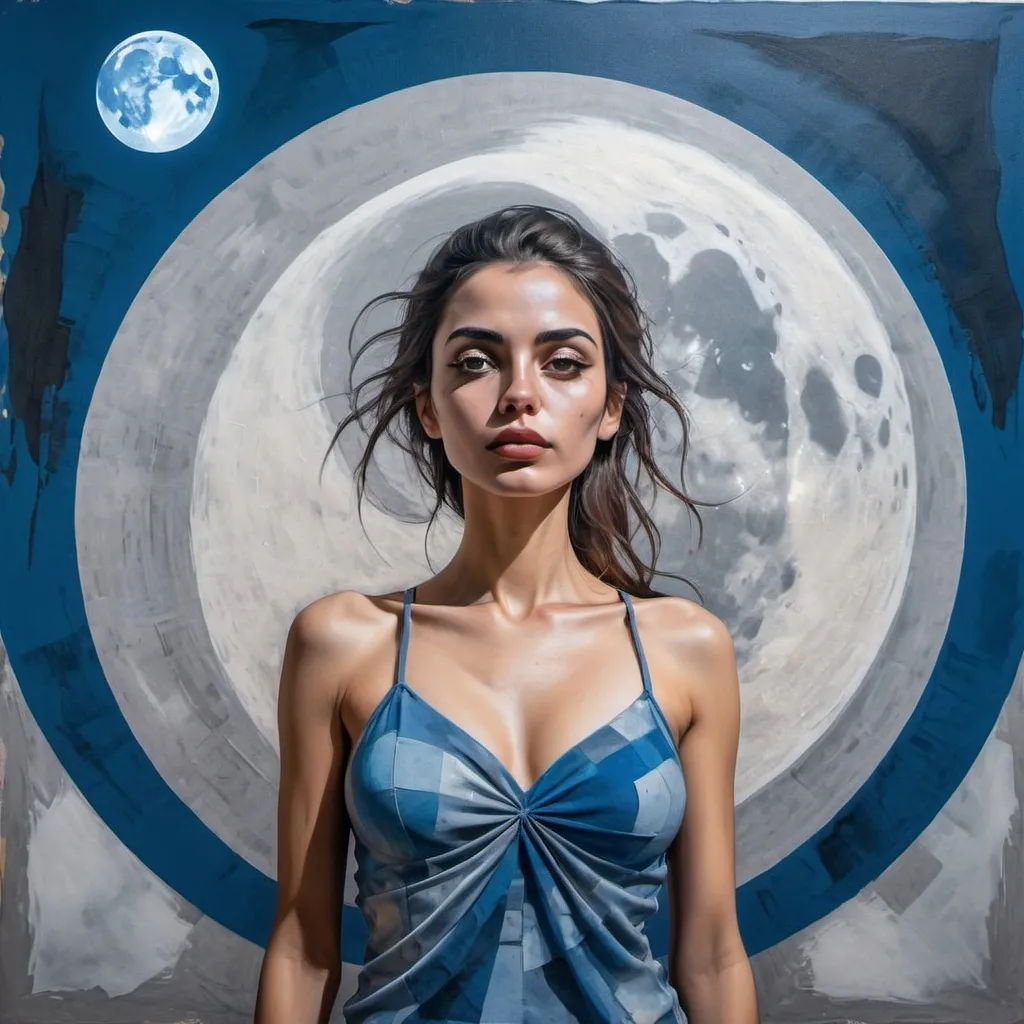 Prompt: a woman standing under the moon, abstract art,