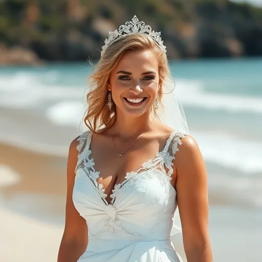 Prompt: a bride maid at the beach