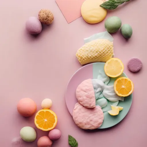 Prompt: Card with pastel-colored food items, professional photography, high quality, pastel colors, food photography, soft and inviting lighting, delicate details, artistic, elegant, ads-like, highres, inviting, detailed, professional, pastel palette, soft lighting
