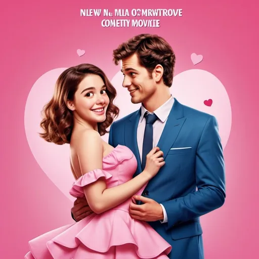 Prompt: A romantic comedy movie poster, a sweet couple, pink clean background
