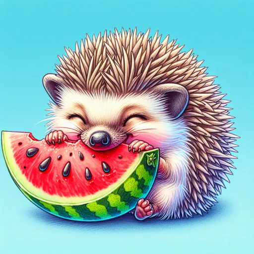 Prompt: An colorful illustration of a small hedgehog holding a piece of watermelon with its tiny paws, taking little bites with its eyes closed in delight.