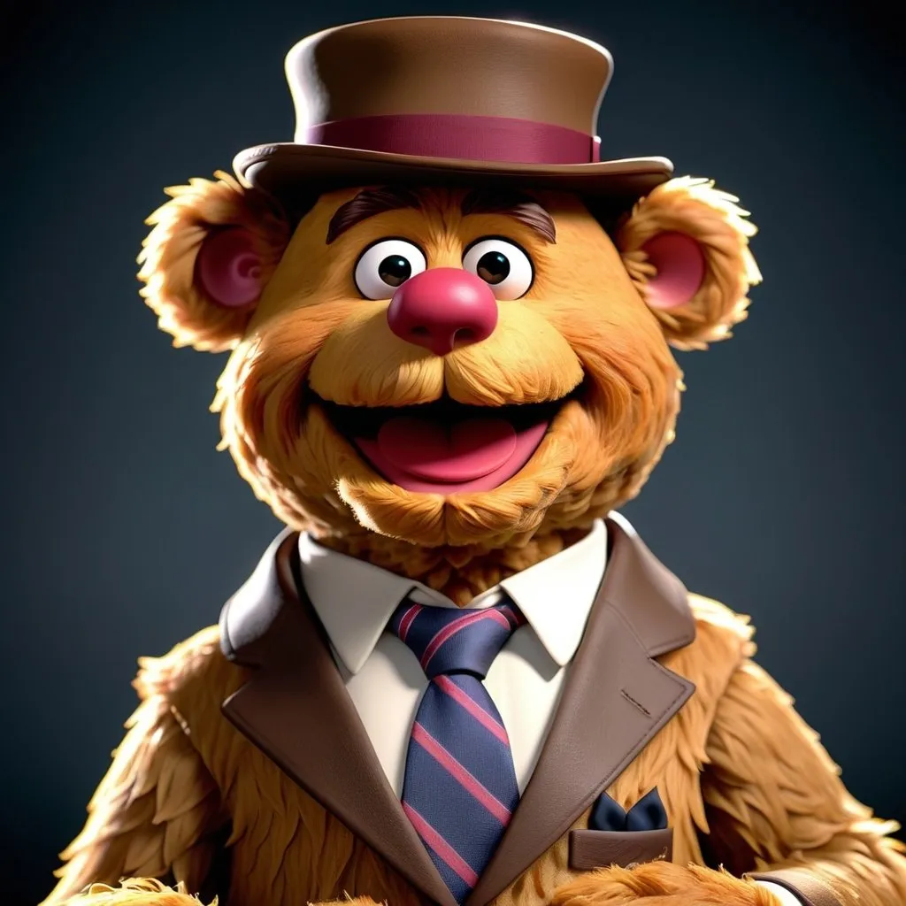 Prompt: 3D Animation, fozzie Bear with his signature hat and tie