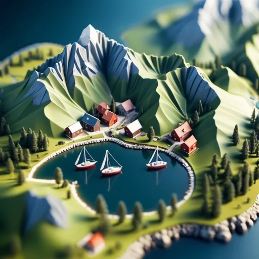 Prompt: aerial view, tilt-shift, isometric miniature world, detailed landscape world render with tiny houses and boats, mountains with lakes