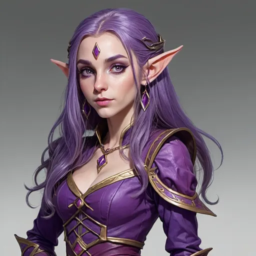 Prompt: a D&D elf, with purple outfit, long purple hair