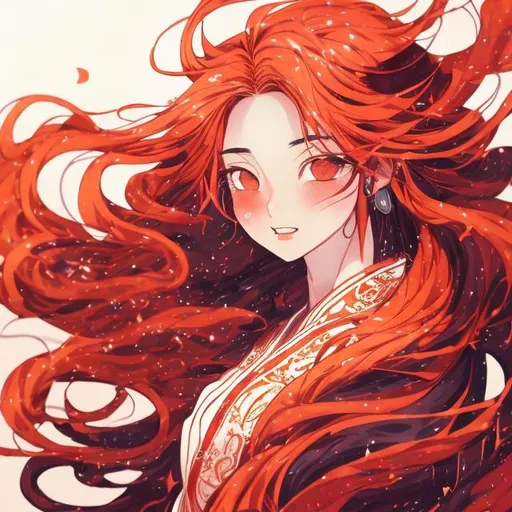 Prompt: Anime art of a vibrant girl, warm color scheme, flowing red and orange tones, detailed eyes, long flowing hair, traditional Japanese attire, high quality, anime style, warm tones, detailed design, vibrant colors, flowing hair, traditional attire, professional, atmospheric lighting
