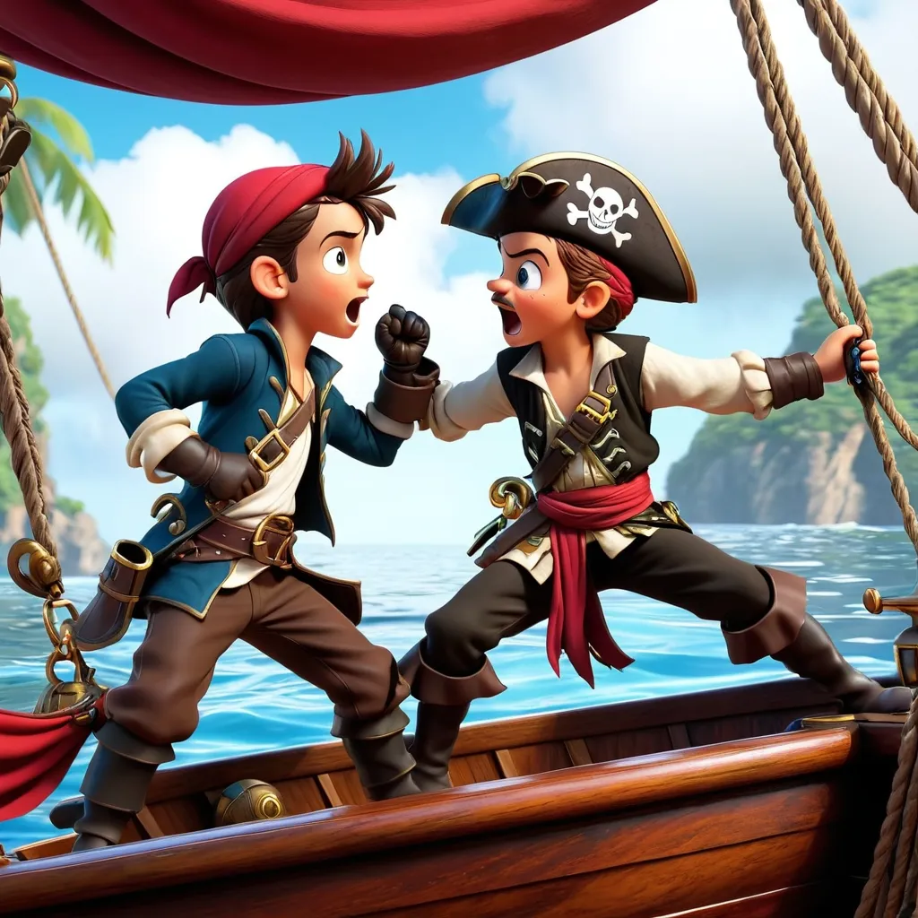 Prompt: An adventurous boy is fighting with a pirate on a boat