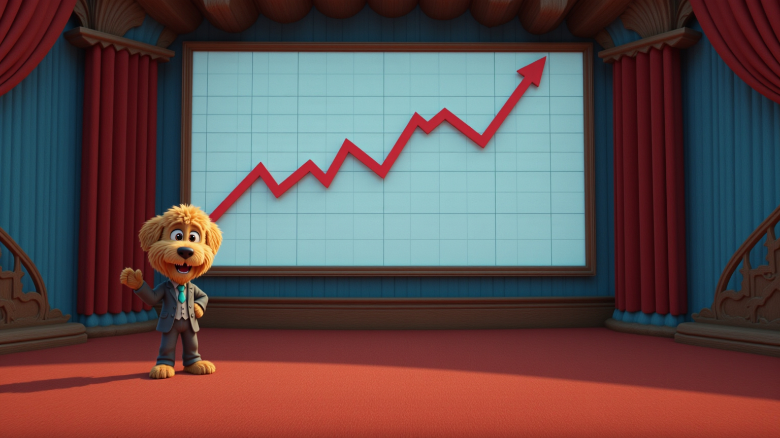 Prompt:  @LgrI1XZwUszmyhBR6UNB is giving a speech on the stage wearing very formal suite, Right Hand On Hip, on the background with the big screen showing a chart of stock going up, Right Hand On Hip