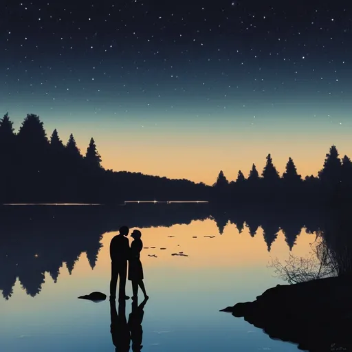 Prompt: A couple sharing a tender moment under a starlit sky beside a quiet lake