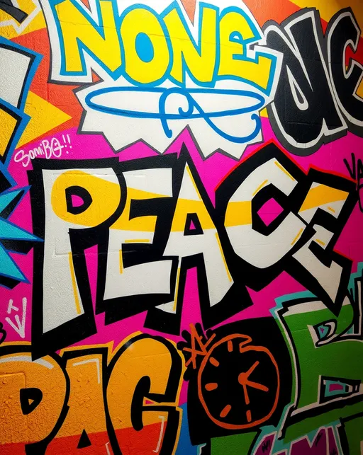 Prompt: Vibrant graffiti wall, with the text "PEACE", stylized tags, bold and colorful lettering, energetic atmosphere