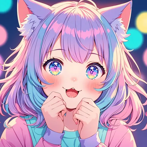 Prompt: Anime illustration of a cute catgirl, vibrant pastel colors, adorable expression, playful atmosphere, high quality, anime, cute, pastel colors, catgirl, detailed eyes, vibrant, playful, atmospheric lighting
