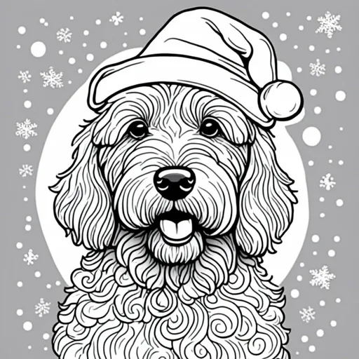 Prompt: <mymodel> goldendoodle wearing a Christmas hat, simple black and white coloring book art