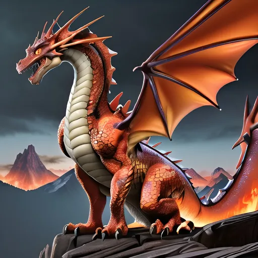 Prompt: Realistic oil painting of a majestic and powerful fire-breathing dragon, vibrant and fiery color palette, fantasy landscape with towering mountains, detailed scales with fiery reflections, intense and ferocious gaze, mythical creature, high quality, realistic, oil painting, fantasy, vibrant fiery colors, detailed scales, intense gaze, majestic, powerful, fantasy landscape, highres, professional