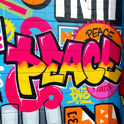 Prompt: Vibrant graffiti wall, with the text "PEACE", stylized tags, bold and colorful lettering, energetic atmosphere