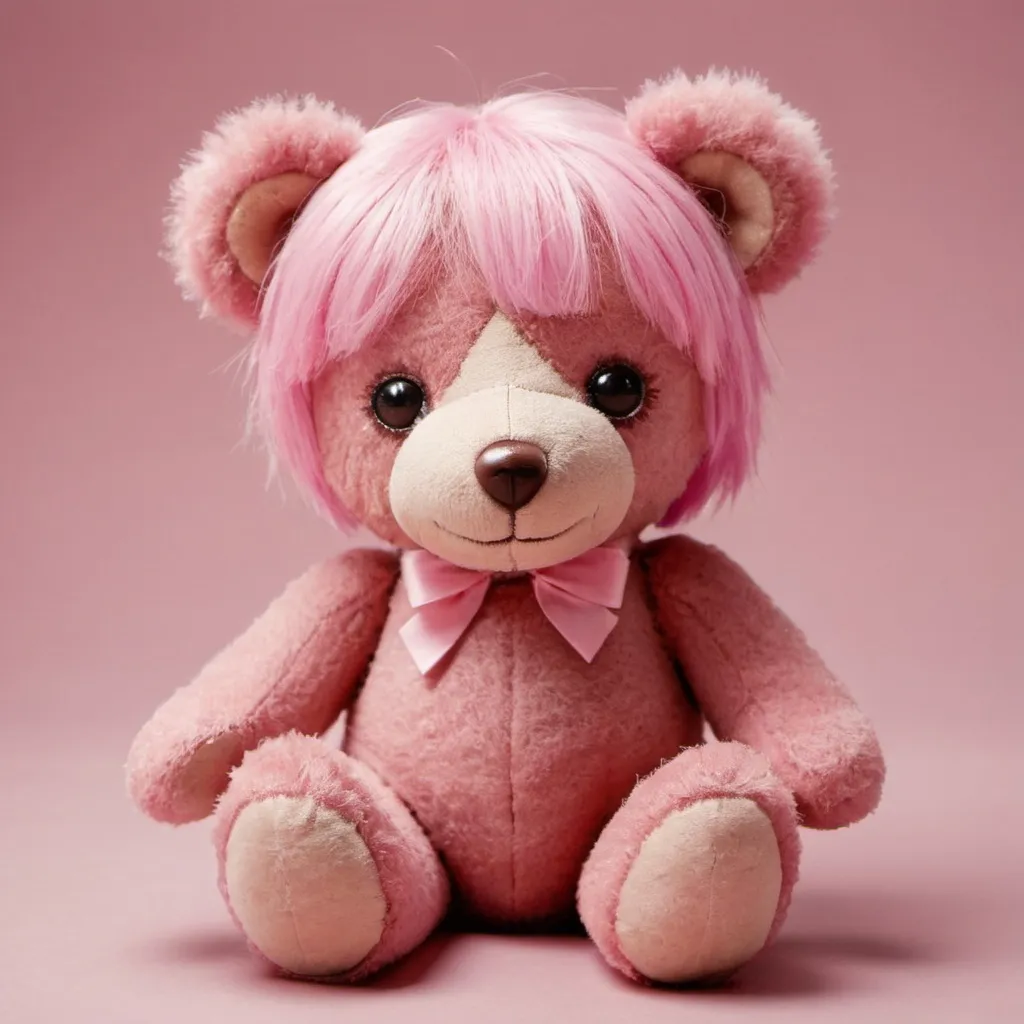 Prompt: a teddy bear with pink hair