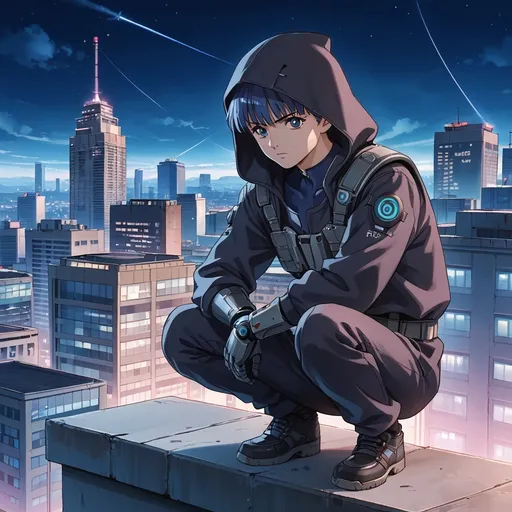 Prompt: A 1990s retro anime boy with a black hooded cyberpunk armour, who is staring at the skyline ahead of him while crouching on the roof of a building, it's also night time, but the skyline shines in radiant purple and blue colors.