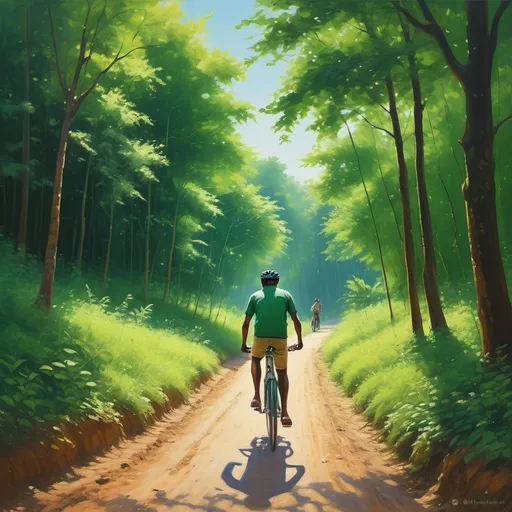 Prompt: (a man riding a bike), down a dirt road, adjacent to a lush forest, (sunny day) with clear skies, serene atmosphere, no one around, (Bikash Bhattacharjee style), vibrant colors, capturing a tranquil moment in nature, (ultra-detailed), deep green foliage, dappled sunlight filtering through leaves, warm tones, evokes a sense of freedom and solitude.