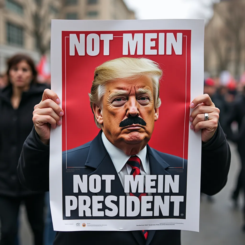Prompt: Create a protest poster than reads :Not Mein President” followed by a picture of Donald J. Trump with a Hitler-style mustache.