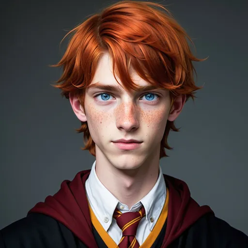 Prompt: male teenager tall lanky blue eyes fiery red hair several freckles blue eyes long nose and gryffindor