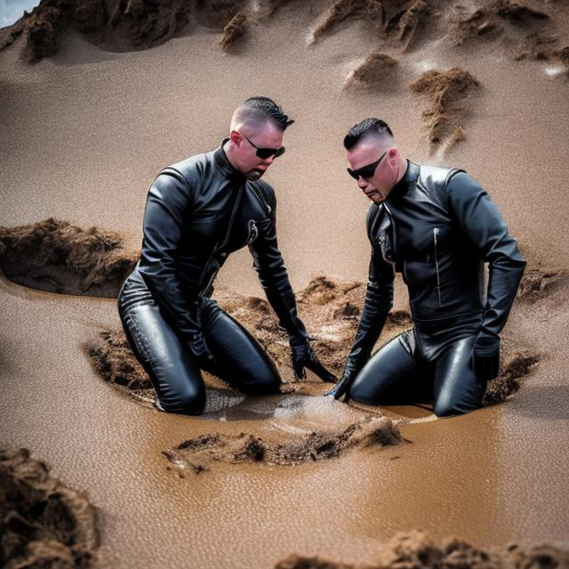 Prompt: Hot Leathermen sinking in Quicksand. 