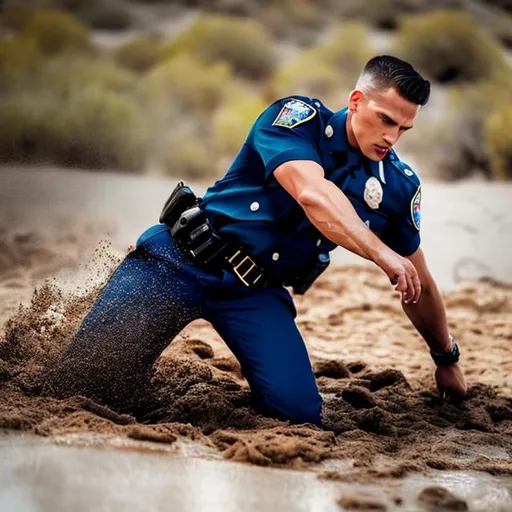 Prompt: Hot male cop sinking in Quicksand. 