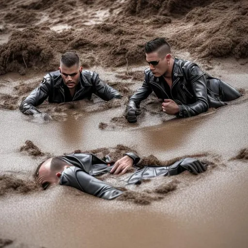 Prompt: Hot Leathermen sinking in Quicksand. 
