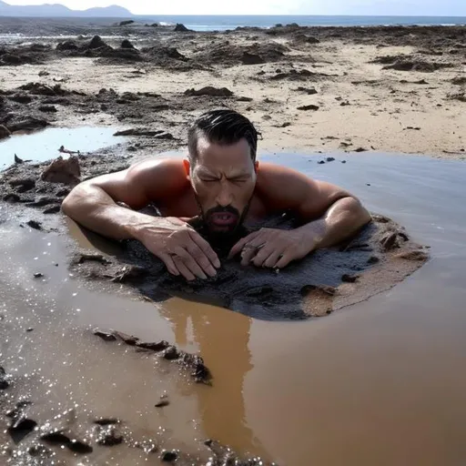 Prompt: Hot Leather Daddy sinking in Quicksand. 