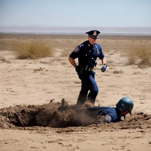 Prompt: Hot male cop sinking in Quicksand. 