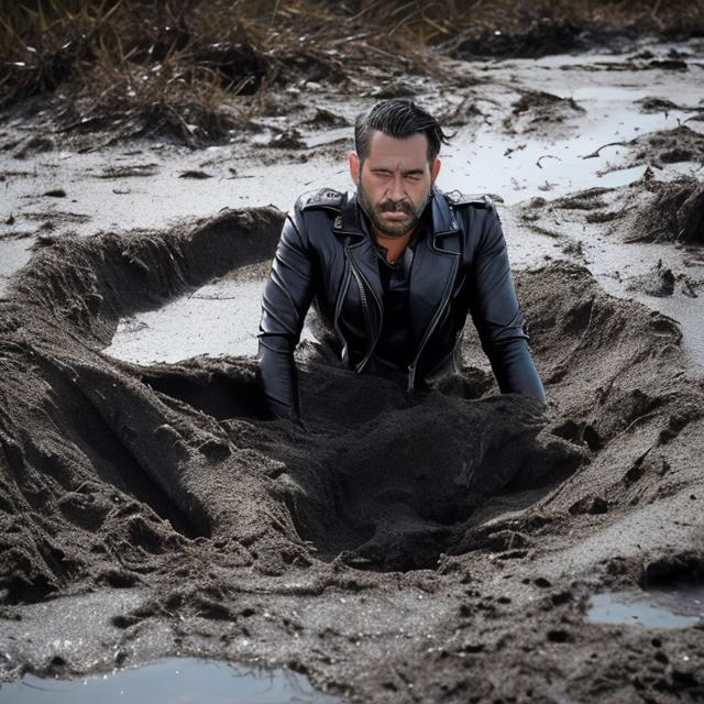 Prompt: Hot Leather Daddy sinking in Quicksand. 