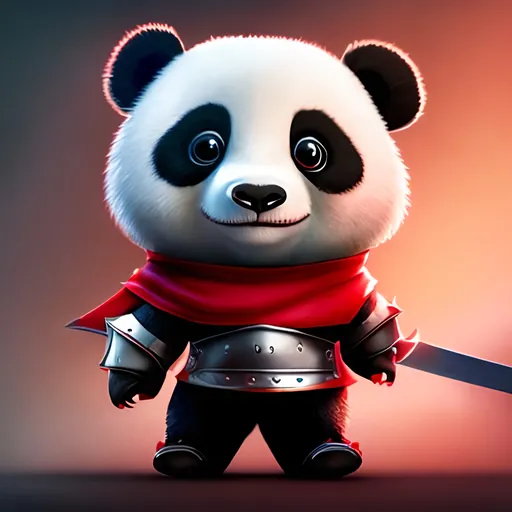 Prompt: Pixar Style, Tiny cute and adorable serious baby panda adventurer dressed in knight armor and sword, with red eyes anthropomorphic , dramatic lighting, 8k, portrait,realistic, fine details, photorealism, cinematic ,intricate details, cinematic lighting, photo realistic 8k