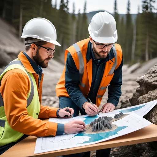 Prompt: create an image showing two male engineering geologists studying the environment
