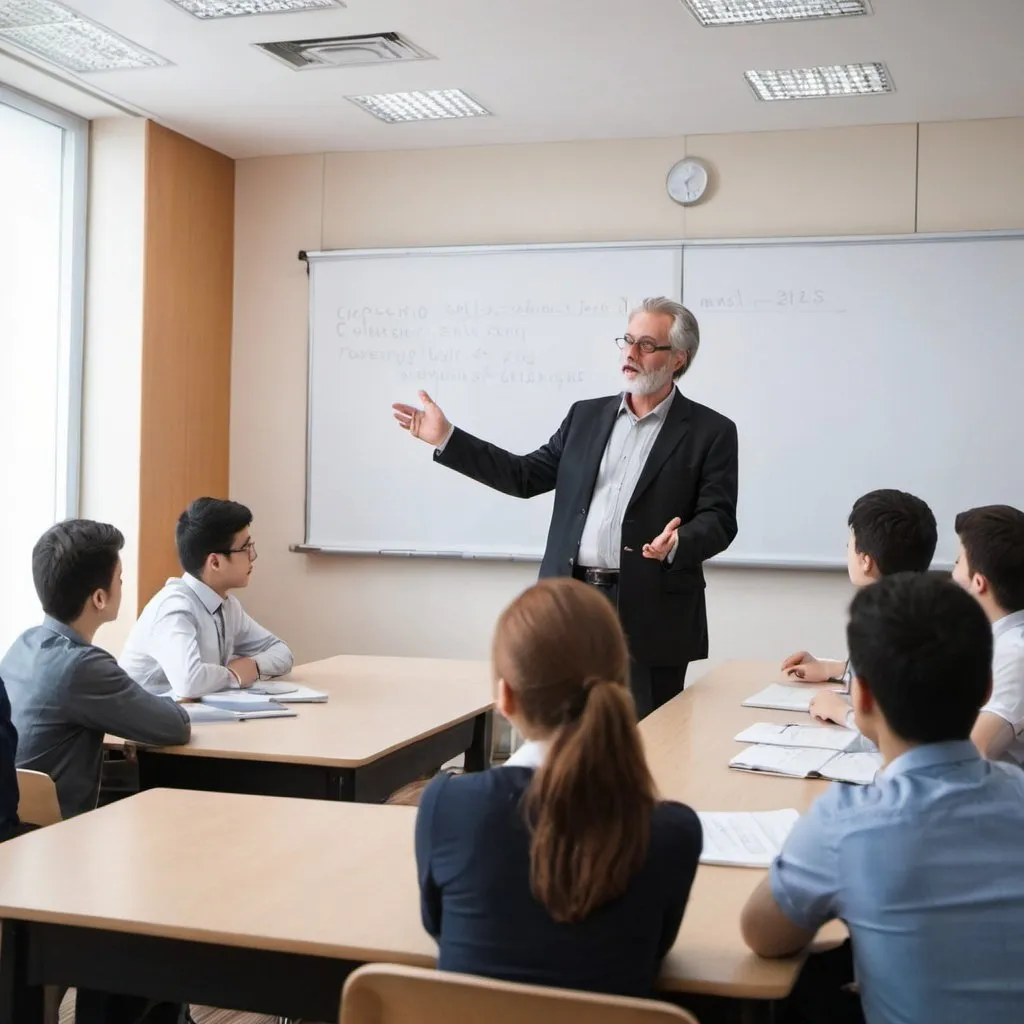 Prompt: The professor in the conference hall is explaining a topic to his students 