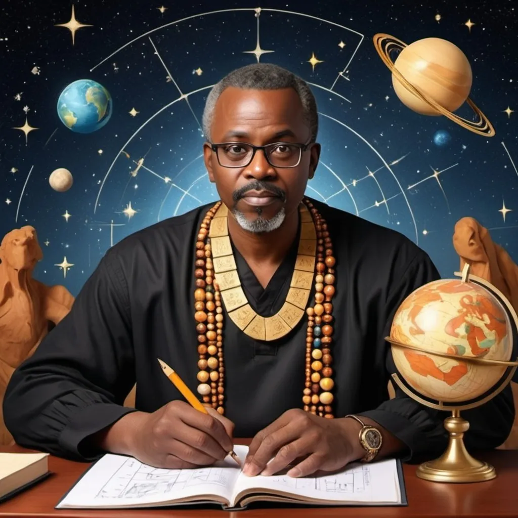 Prompt: create  an astrologer consulting make it inform of cartoon. let the astrologer look like a modern black african
