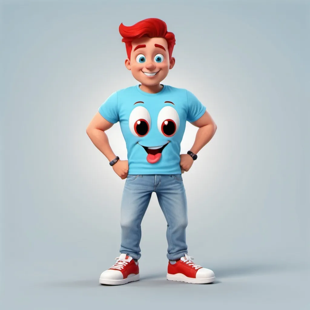 Prompt: a happy cartoon character the face is normal color and the character has a light blue T-shirt has a white question mark on T-shirt and the character has soft red jeans pants with and white shoes a transparent background 8k v4