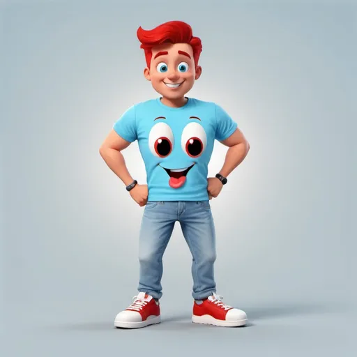 Prompt: a happy cartoon character the face is normal color and the character has a light blue T-shirt has a white question mark on T-shirt and the character has soft red jeans pants with and white shoes a transparent background 8k v4