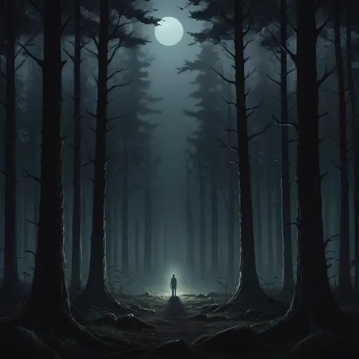 Prompt: A dark forest at twilight with a lone figure standing in the center. The figure holds a small glowing light, casting a faint glow. Tall, shadowy trees surround them, and there’s a hint of a brighter world in the distance, showing the light they’ve lost.