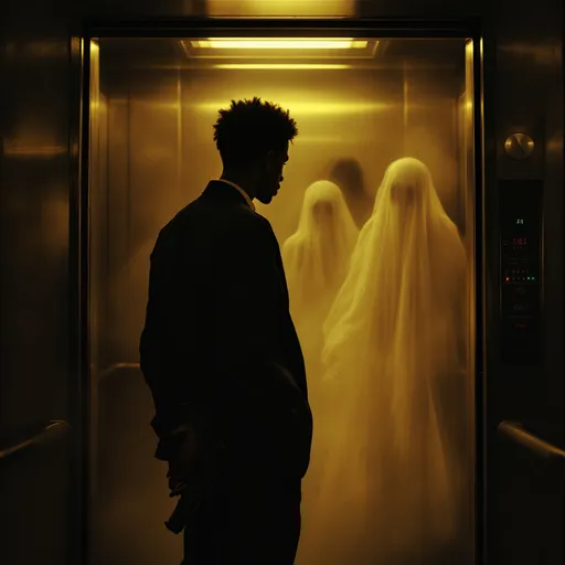 Prompt: A 15.year old black male named william is in a smoky elevator with  gun in the back of his waistband. with three ghostly figures, one is a pretty 15 year old black girl with a flower dresss, low heels and light makeup, one is a black man named Buck with medium brown skin, a low cut side part and is not much older than the 15 year old kid and is wearing a rip buck shirt and smoking a cigarette, and the last is his uncle who is shorter than him but has big hands. but then walking in is a fourth is a fourth ghostly figure which was his dad Mikey who looked just like will but older
