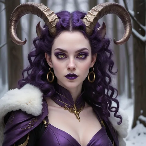 Prompt: hyper-realistic Tiefling woman, very pale skin, spiral curls hair, dark purple hair, dark purple lips, dark purple eyebrows, golden eyes, curved spiral horns, black horns, Paladin, fantasy character art, illustration, dnd, dark winter woods