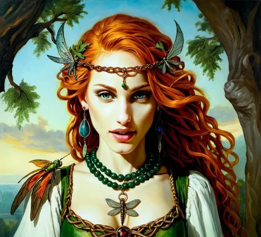 Prompt: Oil painting, Rembrandt, High elf noble woman with intricately braided flame red hair with loops of green beads and filigree chains and dangling dragonfly charms. Ancient trees and elven towers in the background. Copper dragonfly embroidery on her dress, in the Dutch golden age