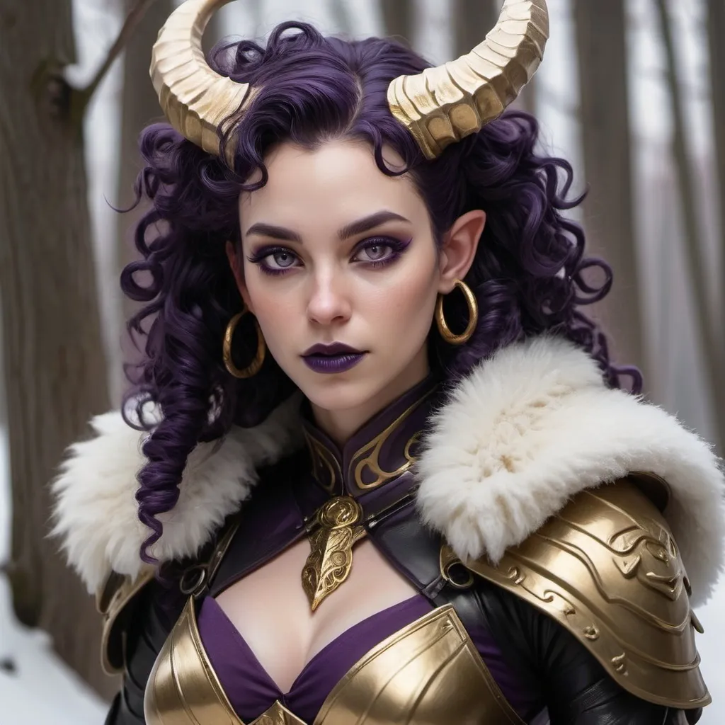 Prompt: hyper-realistic Tiefling woman, very pale skin, spiral curls hair, dark purple hair, dark purple lips, dark purple eyebrows, golden eyes, golden iris, curved spiral horns, black horns, Paladin, black armor, fur trim, full chest coverage, modest, fantasy character art, illustration, dnd, dark winter woods