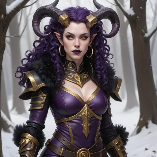 Prompt: hyper-realistic Tiefling woman, very pale skin, spiral curls hair, dark purple hair, dark purple lips, dark purple eyebrows, golden eyes, golden iris, curved spiral horns, black horns, Paladin, black armor, fur trim, full chest coverage, modest, fantasy character art, illustration, dnd, dark winter woods