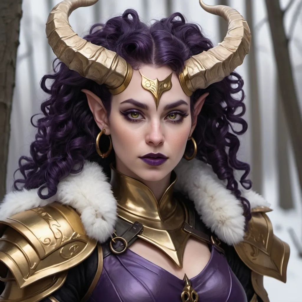 Prompt: hyper-realistic Tiefling woman, very pale skin, spiral curls hair, dark purple hair, dark purple lips, dark purple eyebrows, golden eyes, golden iris, curved spiral horns, black horns, Paladin, black armor, fur trim, modest, fantasy character art, illustration, dnd, dark winter woods