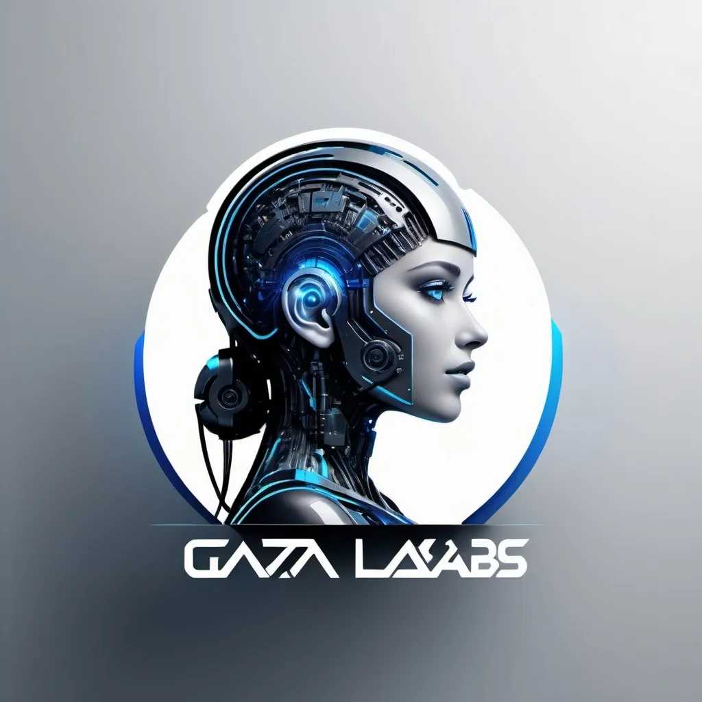 Prompt: (futuristic logo design for an artificial intelligence agency named GAZA AI LABS), sleek and modern, high-tech aesthetics, cutting-edge font, minimalistic elements, human female, neon highlights, digital interface feel, high contrast, professional, clean lines, strong visual impact, silver and electric blue color tones, ultra-detailed, high quality, HD, 4K.