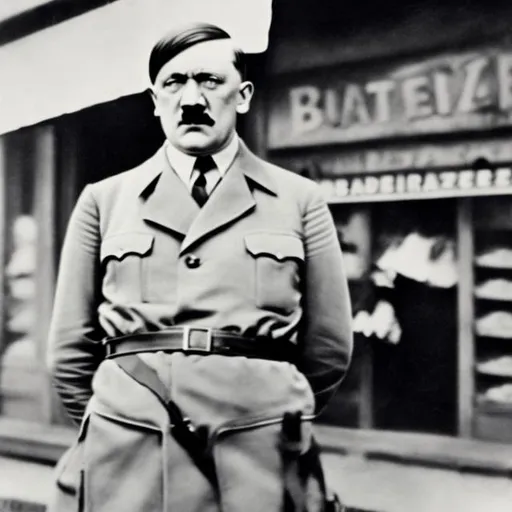 Prompt: Adolf Hitler in front of a bakery, baguette and pretzel in his arms