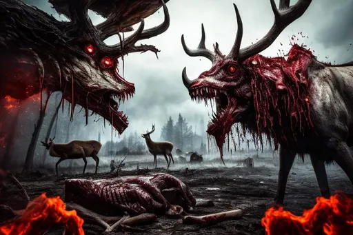 Prompt: An aggressive monster with hundreds of teeth biting and tearing the flesh out of an innocent deer, blood spilling everywhere, guts and pieces of meat everywhere, smoke in the background, cgi, unreal engine, 4k, realistic, very ditailed, intricate details