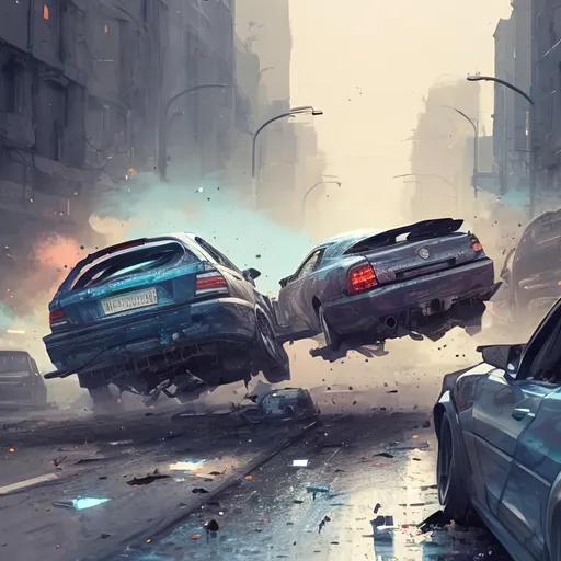 Prompt: The moment of two cars crashing into each other, detailed intricate illustration , detailed illustration, hd, 4k, digital art, overdetailed art, concept art, by greg rutkowski, by loish, complementing colors, Trending on artstation, deviantart