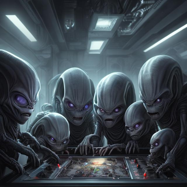 Prompt: Four evil looking Grey aliens standing in front of a console with a big screen, screen shows two children playing games with their toys in a nursery, hyperrealistic, , detailed intricate ink illustration, dark atmosphere, detailed illustration, hd, 4k, digital art, overdetailed art, concept art, by greg rutkowski, by loish, complementing colors, Trending on artstation, deviantart