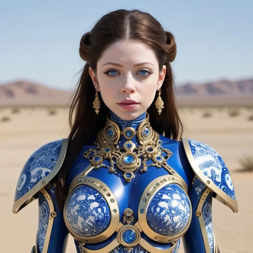 Prompt: Michelle Trachtenberg as a female android robot stands in the middle of a vast desert, her body is adorned with intricate blue and white Gzhel-style patterns that highlight her striking features, the patterns are meticulously detailed, creating a mesmerizing mix of colors against her unnatural skin tone, she wears elegant gold jewelry that catches the fading light, adding a touch of her biomechanical cyber appearance, professional photo, realistic, high detail, high resolution, 8K