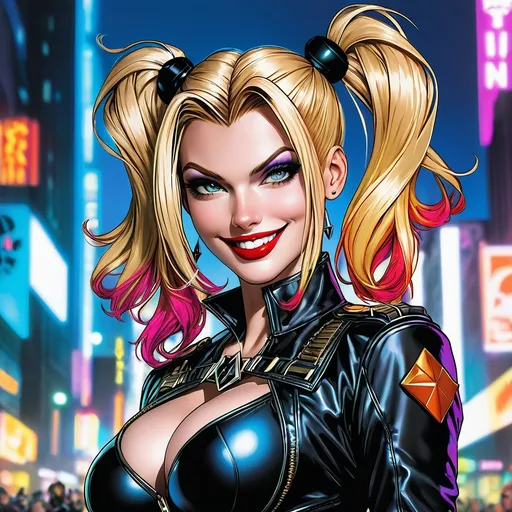 Prompt: Highest quality, Frank Miller's illustration of Harley Quinn, Killstar, Gotham City, twintails, blonde hair, (style mix of æon flux), punk comic book aesthetic, smiling, ultra sharp, highly detailed, trending on artforum, comic book, goth, detailed illustration, professional, intense expression, vibrant colors, dramatic lighting