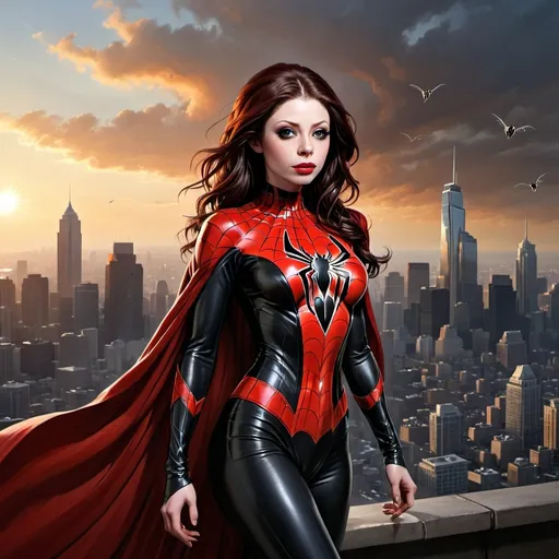 Prompt: Michelle Trachtenberg, highly detailed and dynamic image of   spider woman. She should be depicted as a strong and confident superhero, soaring through the sky above a modern cityscape at sunset. Her costume is sleek and futuristic, with a vibrant blue and red color scheme, complete with a flowing red cape and an emblem resembling a stylized 'S' on her chest. Her hair is long, flowing, and dark black, billowing in the wind. The background should feature a stunning skyline with skyscrapers, bathed in the warm hues of the setting sun. The overall mood of the image should be empowering and heroic